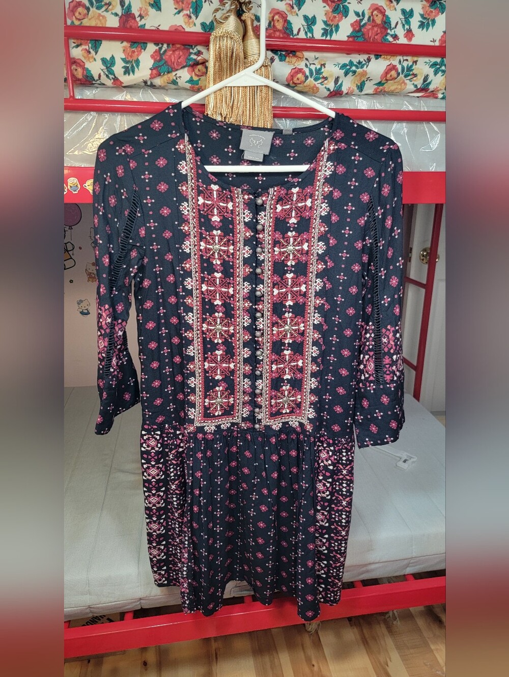 Vanessa Virginia By Anthropologie Boho Embroidered Floral Navy Midi Dress XSmall
